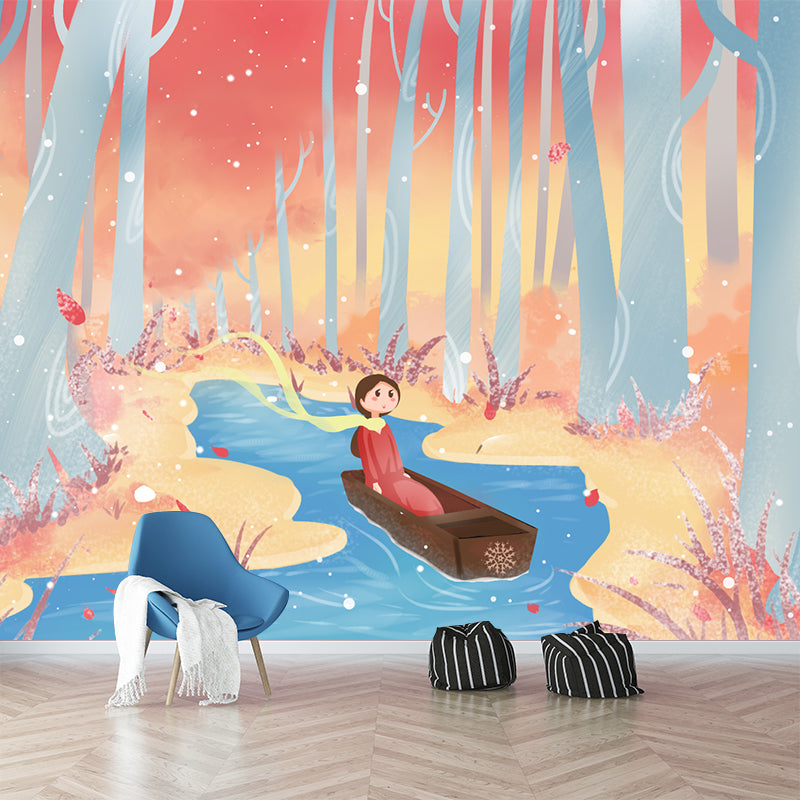 Non-Woven Waterproof Mural Kids Style Drifting in Late Fall Forest Wall Covering Clearhalo 'Wall Decor' 'Wall Mural' 1442730
