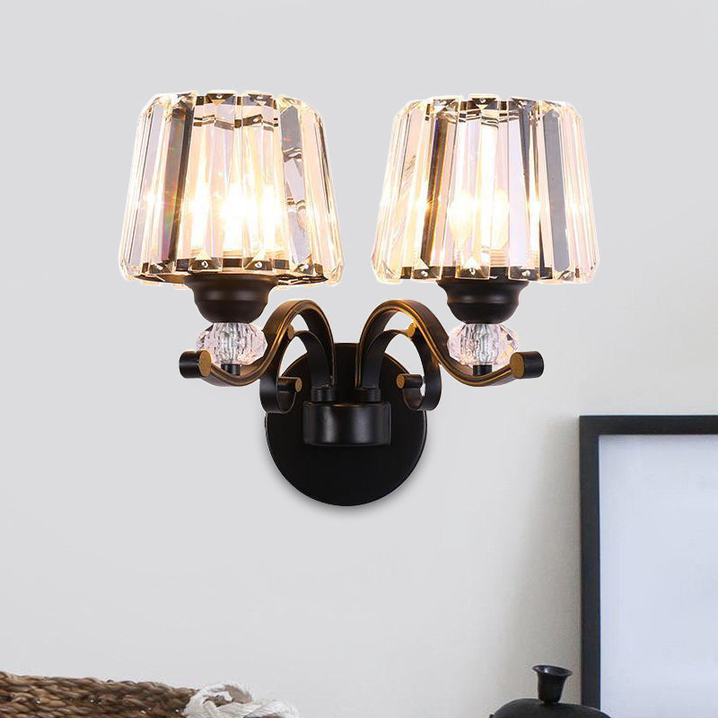 Clear Prismatic Crystal Cone Wall Lamp Traditional 1/2-Bulb Living Room Wall Mounted Light in Black 2.0 Clear Clearhalo 'Wall Lamps & Sconces' 'Wall Lights' Lighting' 1451616