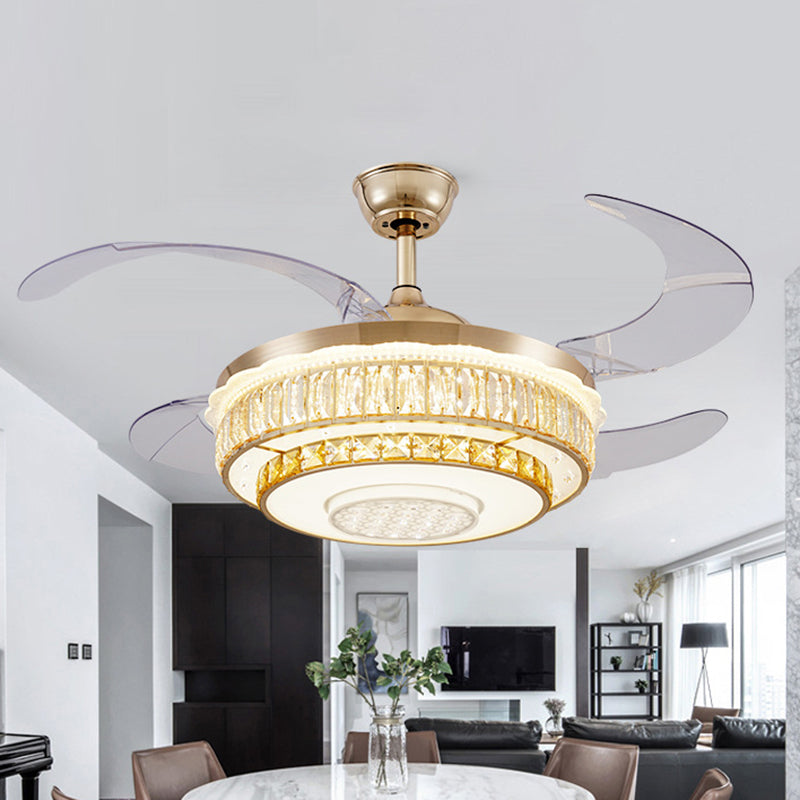 4 Blades LED Ceiling Fan Lamp Contemporary Circular Clear Crystal Blocks Semi Flush Light in Gold, 42" Width Clearhalo 'Ceiling Fans with Lights' 'Ceiling Fans' 'Modern Ceiling Fans' 'Modern' Lighting' 1451792