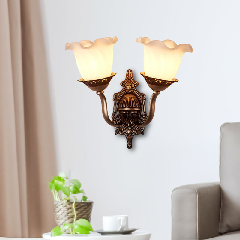 Rustic Style Blossom Wall Lamp 1/2-Head Opaline Glass Wall Mount Lighting in Brown for Living Room 2.0 Brown Clearhalo 'Wall Lamps & Sconces' 'Wall Lights' Lighting' 1452446