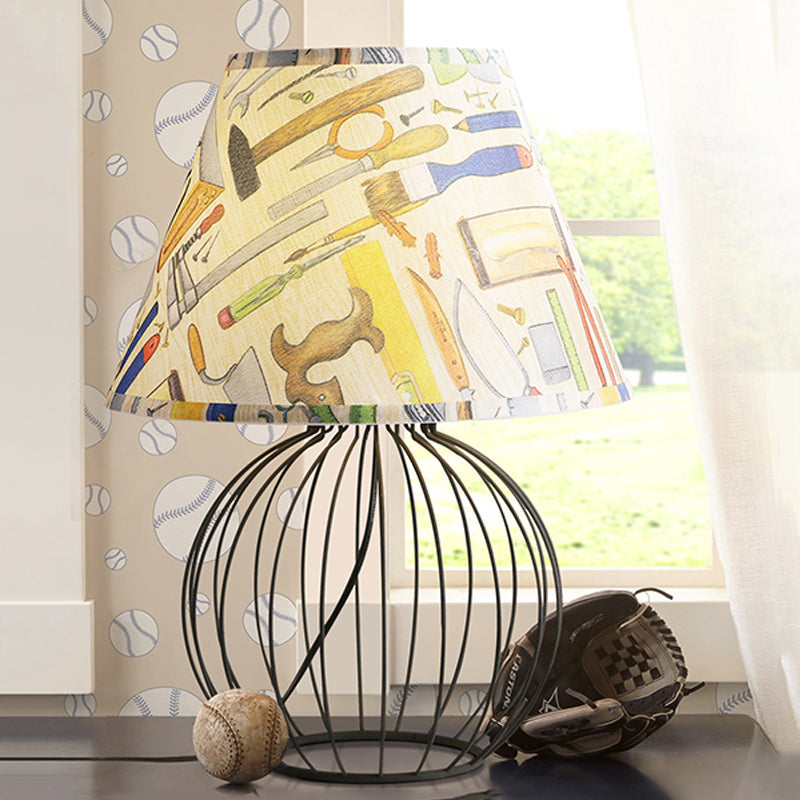 Bucket Living Room Desk Lighting Vintage Fabric 1 Light Black Nightstand Light with Orb Cage Base Clearhalo 'Lamps' 'Table Lamps' Lighting' 1454513