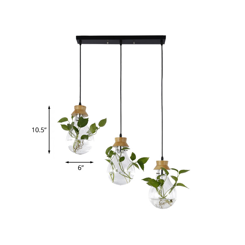 3 Heads Bulb Shape Cluster Pendant Vintage Wood Clear Glass Hanging Light Fixture with Round/Linear Canopy Clearhalo 'Ceiling Lights' 'Close To Ceiling Lights' 'Glass shade' 'Glass' 'Industrial Pendants' 'Industrial' 'Middle Century Pendants' 'Pendant Lights' 'Pendants' 'Tiffany' Lighting' 1454783