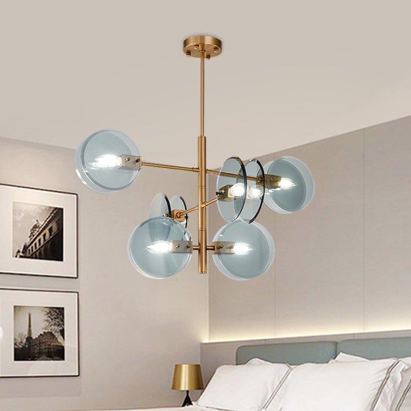 Mid Century 6 Bulbs Chandelier Blue Glass Brass Tiered Dual Flake Ceiling Pendant Light Clearhalo 'Ceiling Lights' 'Chandeliers' 'Modern Chandeliers' 'Modern' Lighting' 1455159