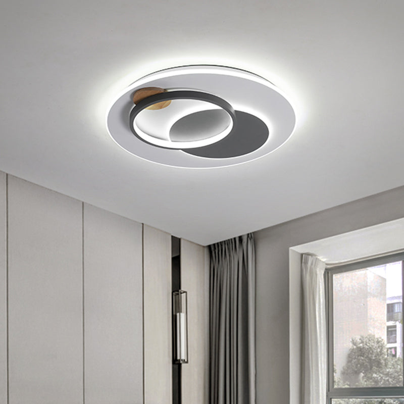 Minimal Intersected Circle Ceiling Light Iron Bedroom 16.5"/20.5" Wide LED Flushmount Lighting in Black/Grey, Warm/White Light Clearhalo 'Ceiling Lights' 'Close To Ceiling Lights' 'Close to ceiling' 'Flush mount' Lighting' 1455349