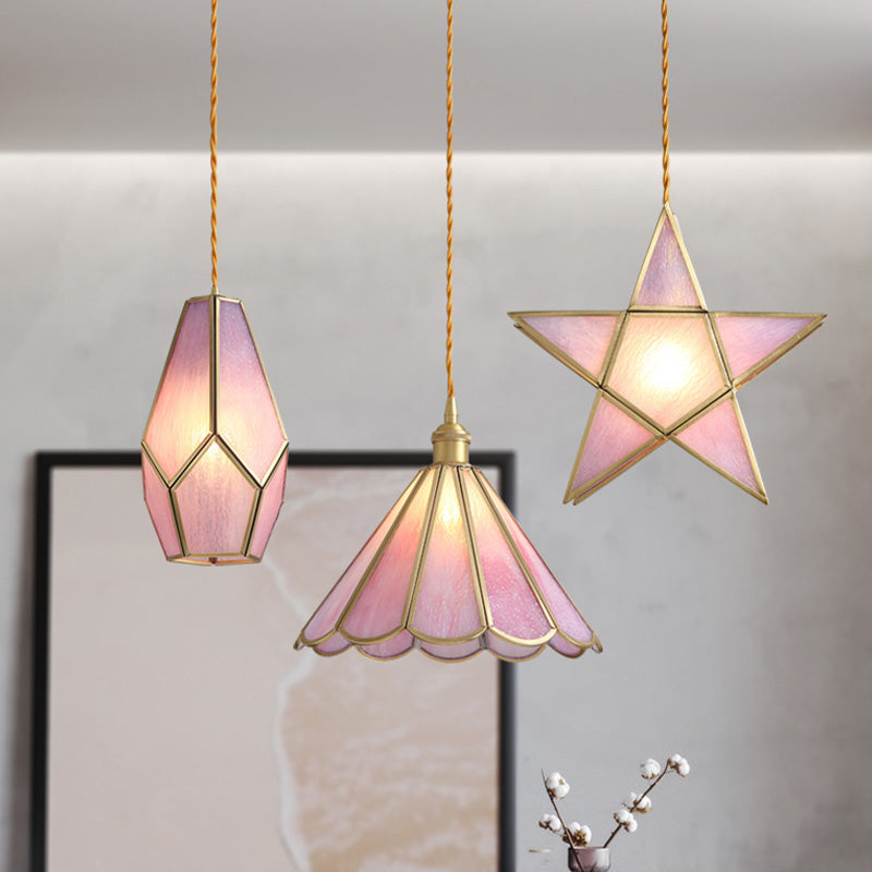 1 Head Suspension Pendant Light Korean Garden Flowerbud/Scalloped/Asteroidea Pink Glass Suspension Lighting Clearhalo 'Ceiling Lights' 'Chandeliers' 'Glass shade' 'Glass' 'Pendant Lights' 'Pendants' Lighting' 1457029