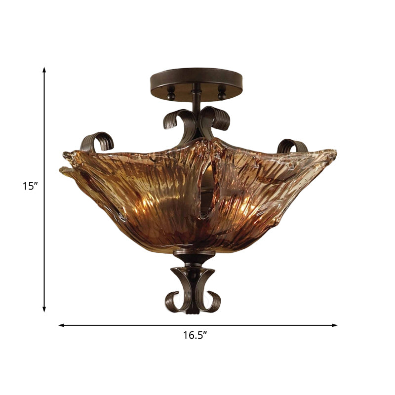 Black Flower Semi Flush Light Traditionalism Amber Glass 3 Lights Living Room Ceiling Lighting Clearhalo 'Ceiling Lights' 'Close To Ceiling Lights' 'Close to ceiling' 'Glass shade' 'Glass' 'Semi-flushmount' Lighting' 1457199