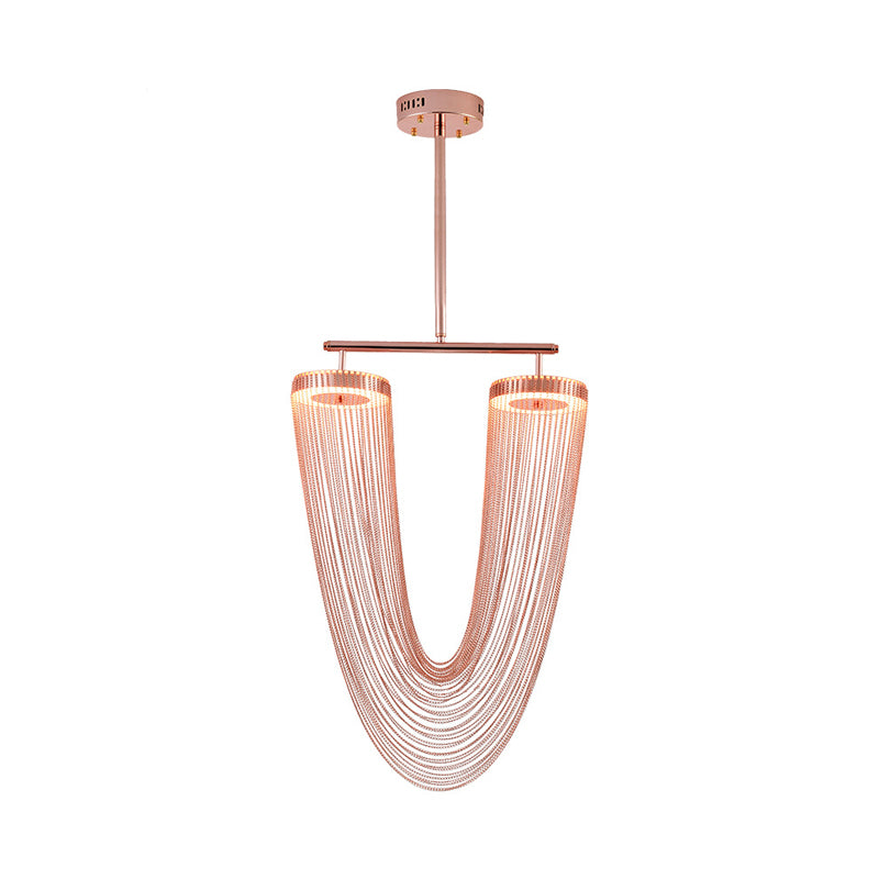 Rose Gold V Shaped Chain Fringe Pendant Modern Vogue Hand Braided Aluminum LED Hanging Ceiling Light for Loft House Clearhalo 'Ceiling Lights' 'Modern Pendants' 'Modern' 'Pendant Lights' 'Pendants' Lighting' 1457590