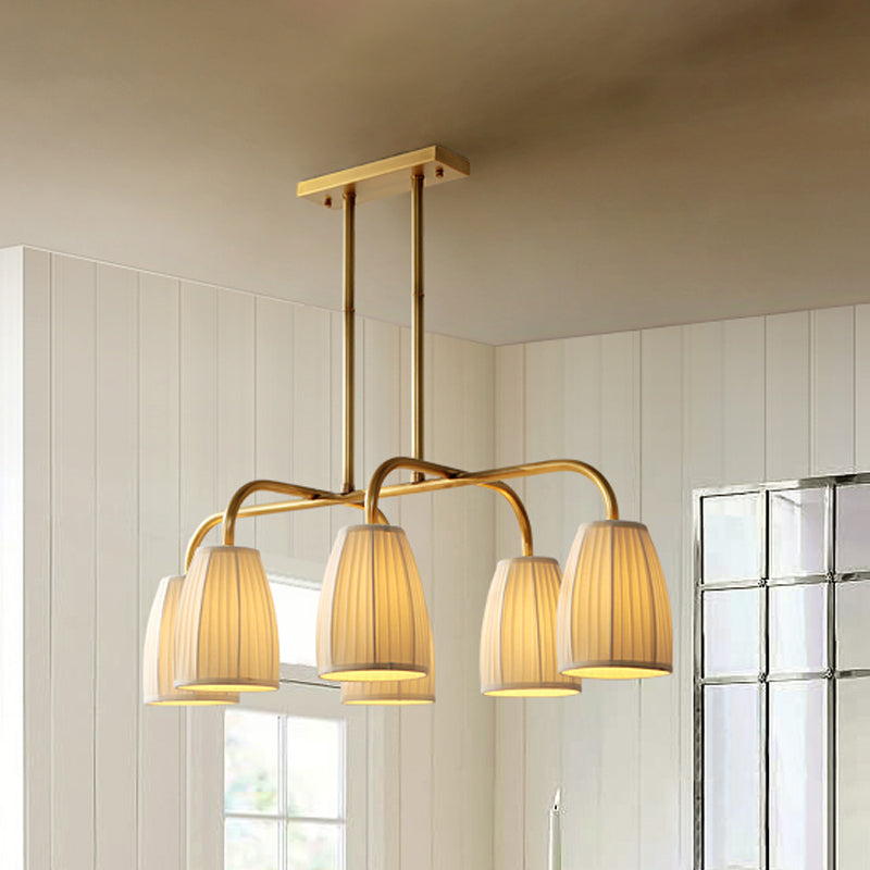 3/6 Bulbs Hanging Chandelier Rural Dress Shaped Pleated Fabric Pendant Ceiling Light in Gold over Dining Table Clearhalo 'Ceiling Lights' 'Island Lights' Lighting' 1458001