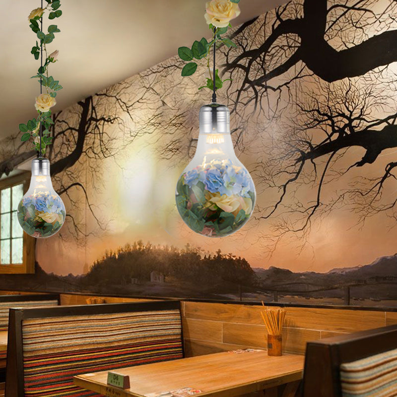 Bulb-Shaped Restaurant Suspension Pendant Antique Clear Glass 8.5"/12" W 1 Head Chrome Flower Drop Lamp Clearhalo 'Ceiling Lights' 'Close To Ceiling Lights' 'Glass shade' 'Glass' 'Pendant Lights' 'Pendants' Lighting' 1458187