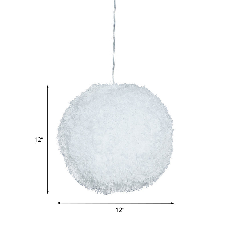 White Plush Globe Hanging Lamp Modern Vogue 1 Head Fabric Suspension Lighting for Bedroom, 8"/12" Dia Clearhalo 'Ceiling Lights' 'Modern Pendants' 'Modern' 'Pendant Lights' 'Pendants' Lighting' 1459147
