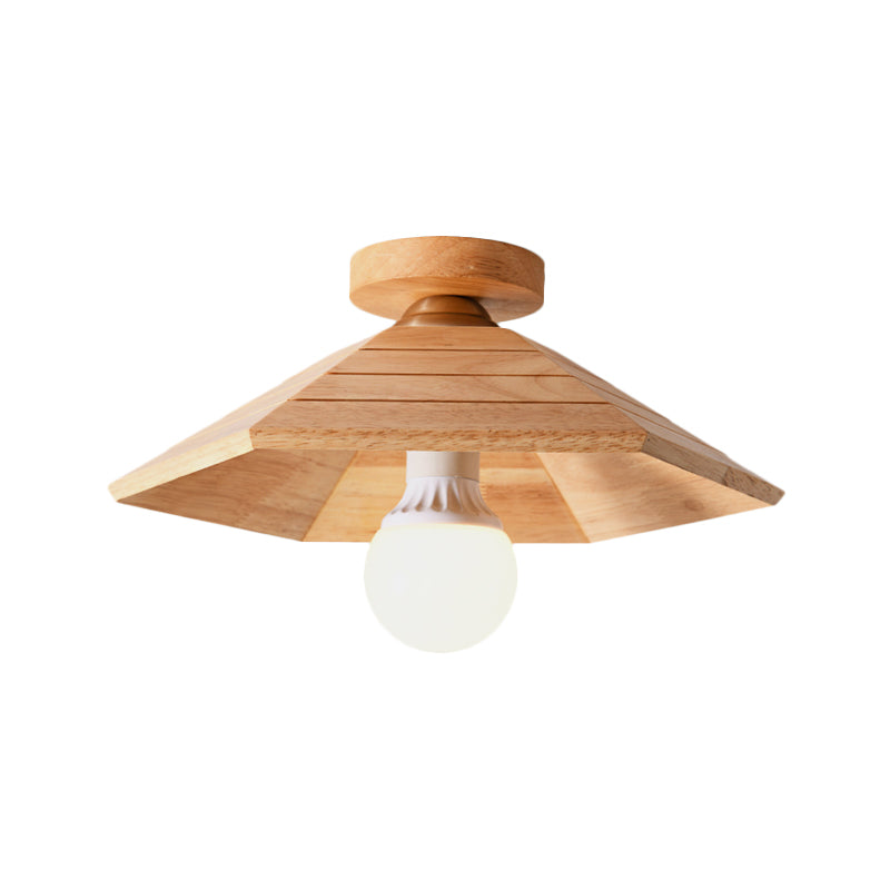 Ridged Saucer Semi Flush Ceiling Light Rural Wooden Single Beige Flush Mounted Lamp for Kitchen Clearhalo 'Ceiling Lights' 'Close To Ceiling Lights' 'Close to ceiling' 'Semi-flushmount' Lighting' 1459446