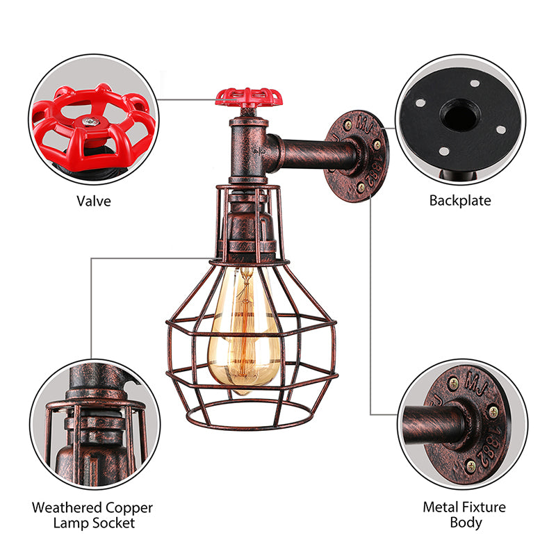 Globe Caged Corridor Wall Light Sconce with Valve Deco Vintage Metal 1 Light Black/Bronze Wall Lamp Clearhalo 'Art deco wall lights' 'Cast Iron' 'Glass' 'Industrial wall lights' 'Industrial' 'Middle century wall lights' 'Modern' 'Rustic wall lights' 'Tiffany' 'Traditional wall lights' 'Wall Lamps & Sconces' 'Wall Lights' Lighting' 145959