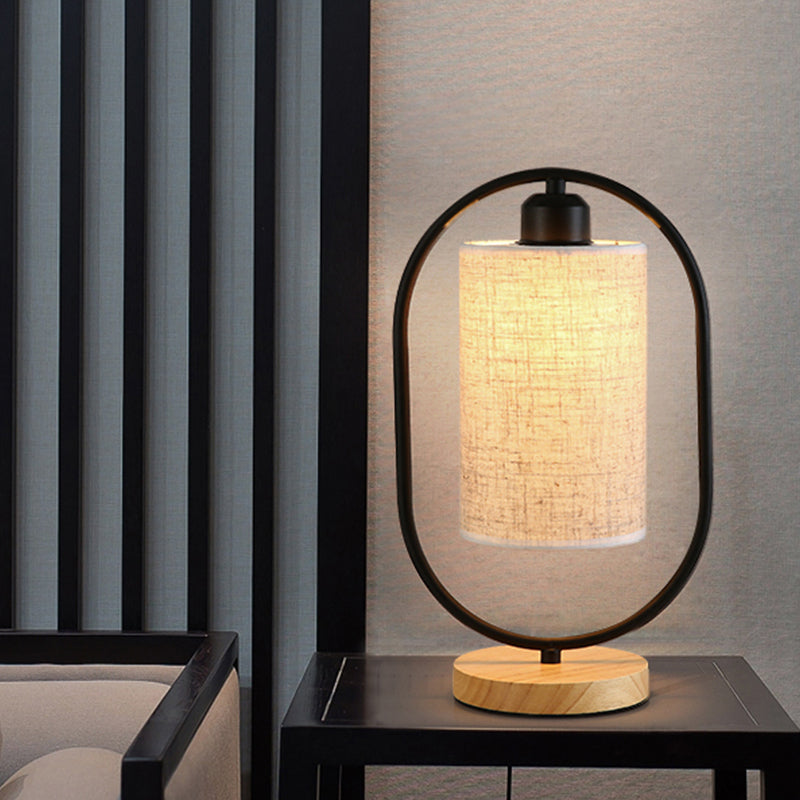 Column Plug In Nightstand Lighting Modern Fabric 1-Light Bedside Table Light with Black/White Ellipse Frame and Wood Base Clearhalo 'Lamps' 'Table Lamps' Lighting' 1460037