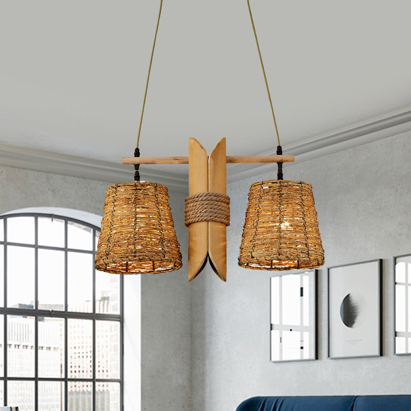 Conic Restaurant Island Ceiling Light Farm Rattan 2 Heads Beige Pendant Lamp with Bamboo Tube Decor Clearhalo 'Ceiling Lights' 'Island Lights' Lighting' 1460257