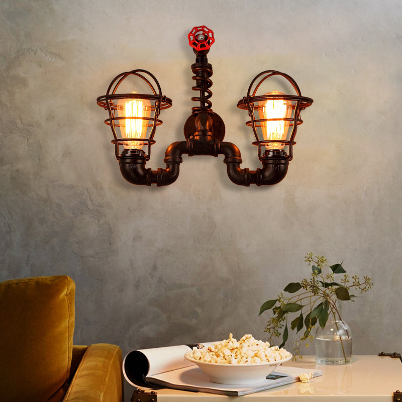 Black 2 Bulbs Wall Mount Lamp Vintage Wrought Iron Wire Guard Wall