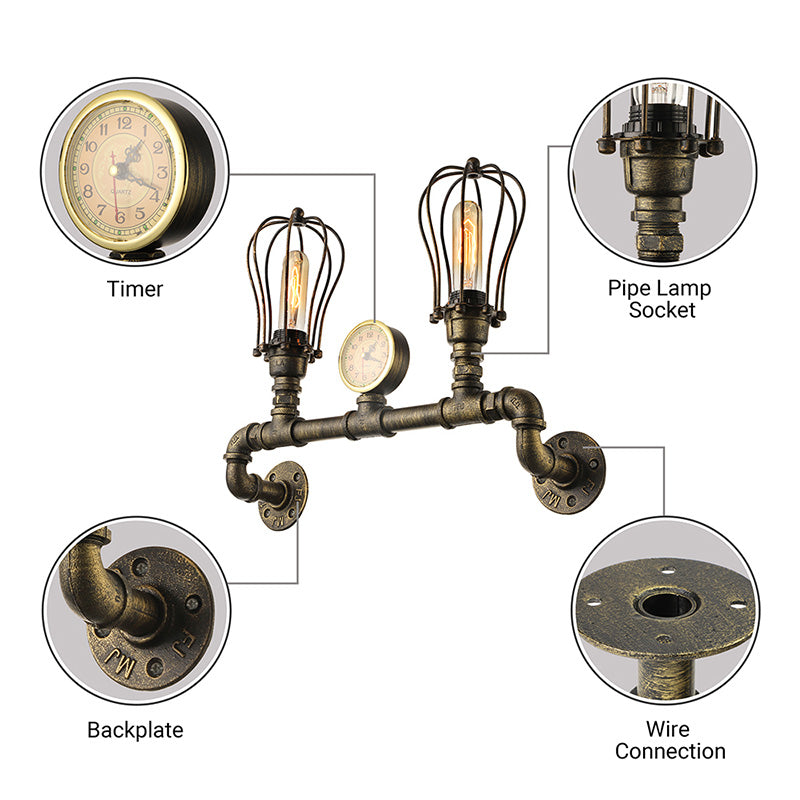 Piped Living Room Wall Lamp with Water Drop Cage Shade Vintage Metal 2 Bulbs Aged Brass Wall Light Fixture Clearhalo 'Art deco wall lights' 'Cast Iron' 'Glass' 'Industrial wall lights' 'Industrial' 'Middle century wall lights' 'Modern' 'Rustic wall lights' 'Tiffany' 'Traditional wall lights' 'Wall Lamps & Sconces' 'Wall Lights' Lighting' 146146