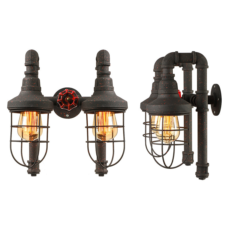 Black/Bronze Tubed Wall Light Fixture Industrial Metallic 2 Lights Kitchen Sconce Lighting with Cage Shade and Red Valve Clearhalo 'Art deco wall lights' 'Cast Iron' 'Glass' 'Industrial wall lights' 'Industrial' 'Middle century wall lights' 'Modern' 'Rustic wall lights' 'Tiffany' 'Traditional wall lights' 'Wall Lamps & Sconces' 'Wall Lights' Lighting' 146184