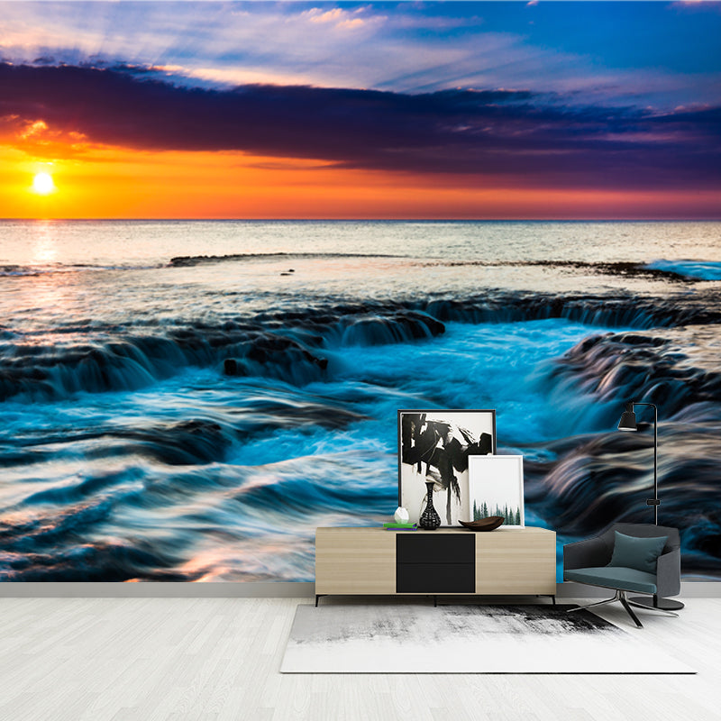 Enchanting Coastal Sunset Scenery Mural for Living Room, Yellow-Blue, Custom Size Available Clearhalo 'Wall Decor' 'Wall Mural' 1468768