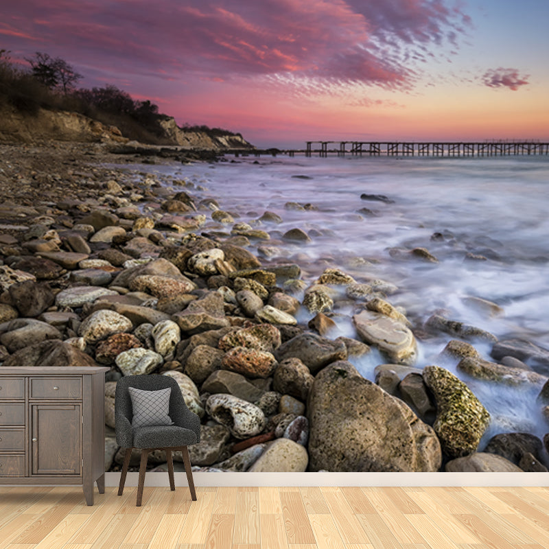 Pink-Blue Tropix Mural Full Size Rock Seashore with Distant Bridge at Dusk Wall Decor for Bedroom Clearhalo 'Wall Decor' 'Wall Mural' 1468829