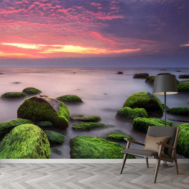 Moss Rocks in Sea Mural Wallpaper in Blue-Green Tropical Wall Decor for Living Room Clearhalo 'Wall Decor' 'Wall Mural' 1468894