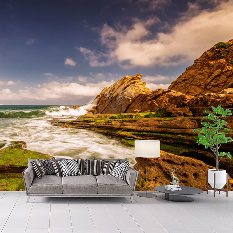 Sea Tide and Rock Mural Wallpaper Blue-Brown Tropical Wall Covering for Living Room Clearhalo 'Wall Decor' 'Wall Mural' 1469009