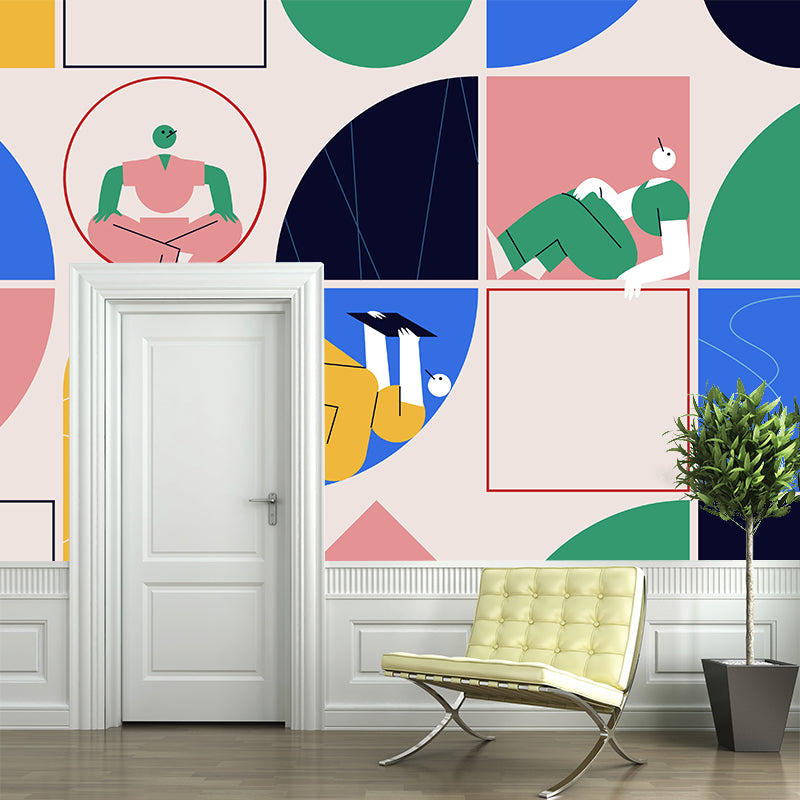 Illustration Man of Leisure Mural for Bedroom, Pink-Blue-Yellow, Custom Size Available Clearhalo 'Wall Decor' 'Wall Mural' 1469149