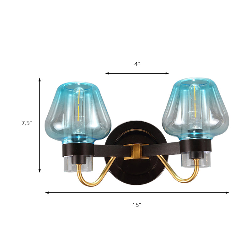 Mushroom Blue Glass Wall Mounted Lamp Modern 2 Bulbs Bedroom Sconce Light in Black Clearhalo 'Cast Iron' 'Glass' 'Industrial' 'Modern wall lights' 'Modern' 'Tiffany' 'Traditional wall lights' 'Wall Lamps & Sconces' 'Wall Lights' Lighting' 147062