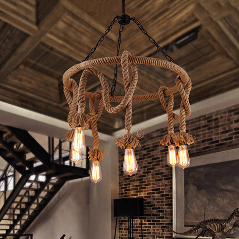 Hemp Rope Brown Pendant Chandelier Bare Bulb 6 Lights Countryside Ceiling  Light for Restaurant - Clearhalo