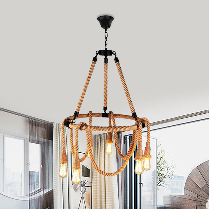 Hemp Rope Brown Pendant Chandelier Bare Bulb 6 Lights Countryside Ceiling Light for Restaurant Clearhalo 'Ceiling Lights' 'Chandeliers' 'Industrial Chandeliers' 'Industrial' 'Middle Century Chandeliers' 'Tiffany' Lighting' 1472624