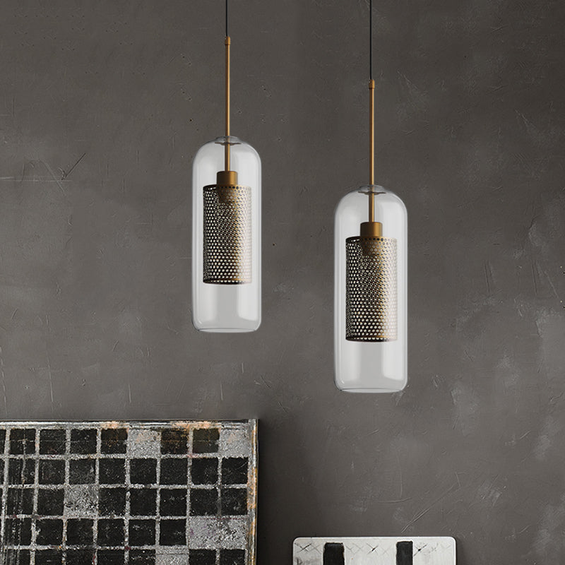 Bronze 1-Head Hanging Lamp Colonial Metal Mesh Cylindrical Pendant with Clear Glass Shade, 20.5"/24.5" Tall Bronze 24.5" Clearhalo 'Ceiling Lights' 'Pendant Lights' 'Pendants' Lighting' 1473124_01466bc0-6a23-4b8b-9da8-4ff5cf46c45b