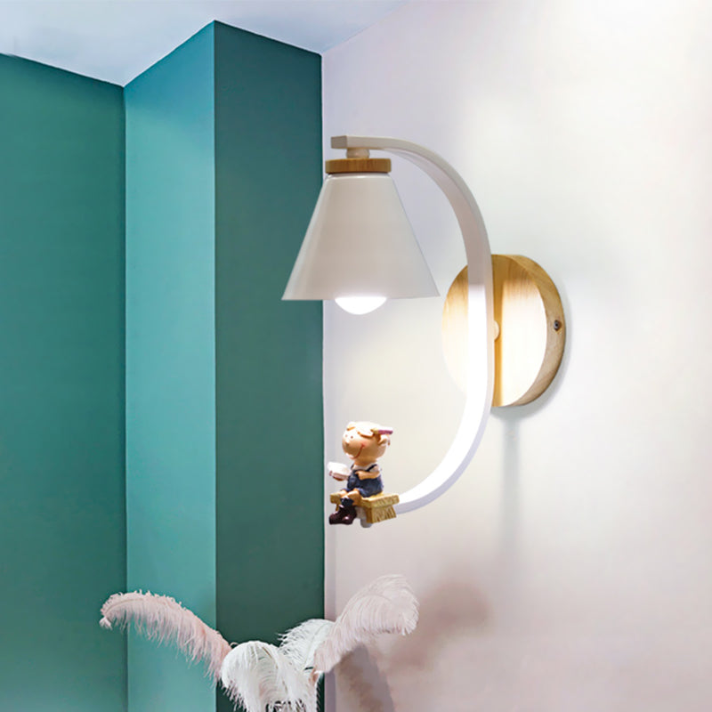 Tapered Iron Wall Mount Lamp Cartoon 1 Light Pink/Blue and Wood Sconce Light with Moon/Portrait Decor Blue Portrait Clearhalo 'Wall Lamps & Sconces' 'Wall Lights' Lighting' 1473299