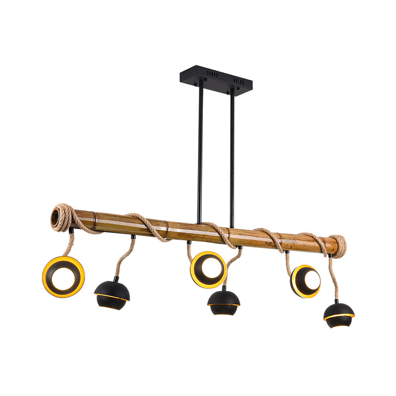 Industrial Linear Island Chandelier 2/3/6 Bulbs Iron Pendant Lamp in Black with Bamboo Tube and Rope, Warm/White Light Clearhalo 'Ceiling Lights' 'Island Lights' Lighting' 1474015
