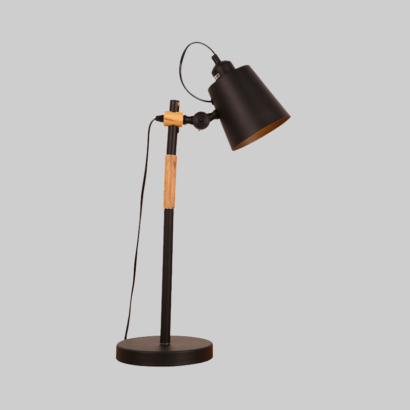 Metal Bucket Night Lighting Industrial 1 Bulb Living Room Table Light with Wooden Arm in Black/White Clearhalo 'Lamps' 'Table Lamps' Lighting' 1474082