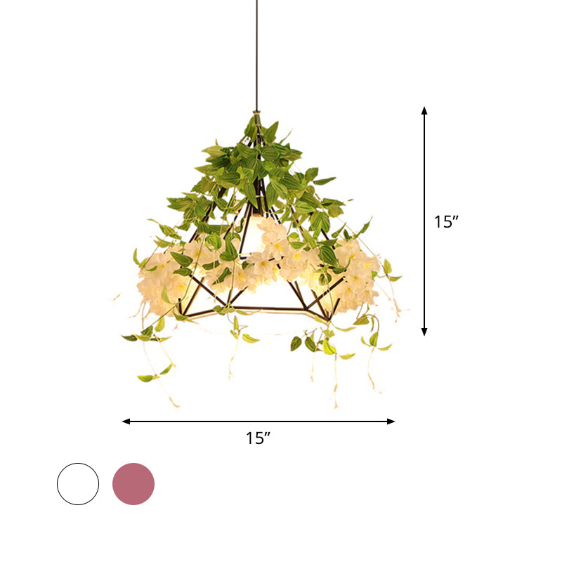 White/Pink 1-Bulb Ceiling Lamp Industrial Iron Diamond Cage Drop Pendant with Cherry Blossom Decor, 10"/15"/18" Wide Clearhalo 'Art Deco Pendants' 'Cast Iron' 'Ceiling Lights' 'Ceramic' 'Crystal' 'Industrial Pendants' 'Industrial' 'Metal' 'Middle Century Pendants' 'Pendant Lights' 'Pendants' 'Tiffany' Lighting' 1474749