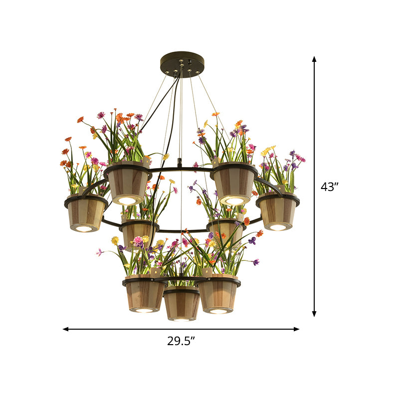 Wooden Round Ceiling Chandelier Industrial 3/6/9 Lights Restaurant Pendant in Black with Potted Plant Clearhalo 'Cast Iron' 'Ceiling Lights' 'Chandeliers' 'Industrial Chandeliers' 'Industrial' 'Metal' 'Middle Century Chandeliers' 'Rustic Chandeliers' 'Tiffany' Lighting' 1474769