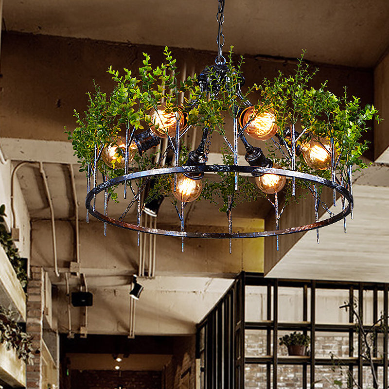 hanging nickel plant Nickel 6 Heads Chandelier Lamp Industrial Iron Circular Hanging Light Fixture with Plant Decor