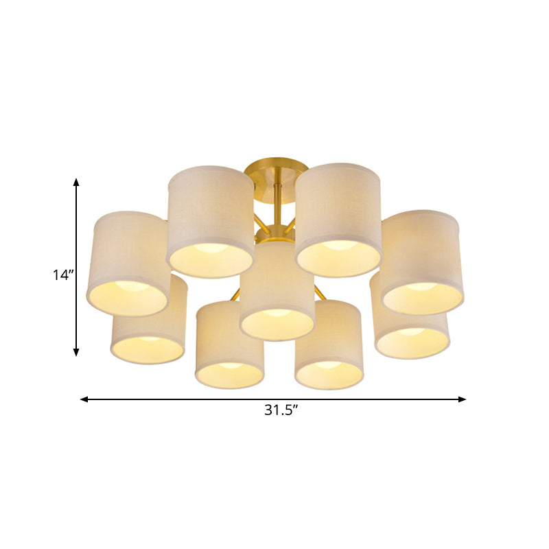 Gold 9 Lights Semi Mount Lighting Colonialist Fabric Cylinder Metal Ceiling Light Fixture for Living Room Clearhalo 'Ceiling Lights' 'Close To Ceiling Lights' 'Close to ceiling' 'Semi-flushmount' Lighting' 1474924