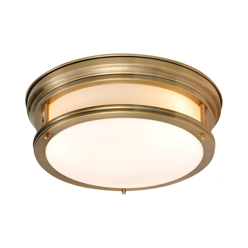Drum Metallic Flush Mount Lamp Colonialism 3-Light Bedroom Ceiling Light Fixture in Gold Clearhalo 'Ceiling Lights' 'Close To Ceiling Lights' 'Close to ceiling' 'Flush mount' Lighting' 1474978