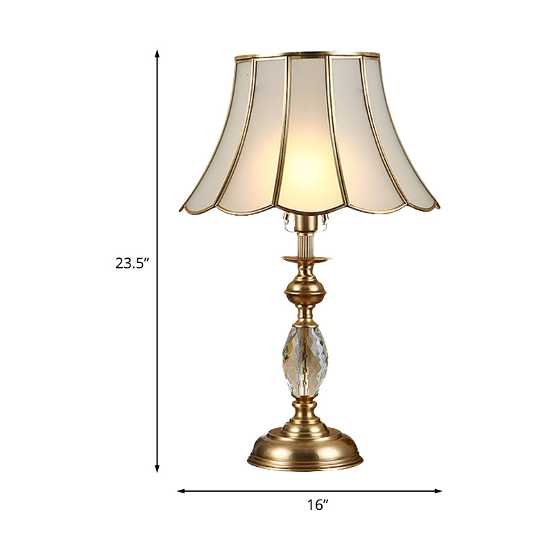 Minimalist Scalloped Night Lighting 1 Head Frosted Glass Nightstand Light in Gold with Metal Font/Clear Crystal Deco Clearhalo 'Lamps' 'Table Lamps' Lighting' 1475320