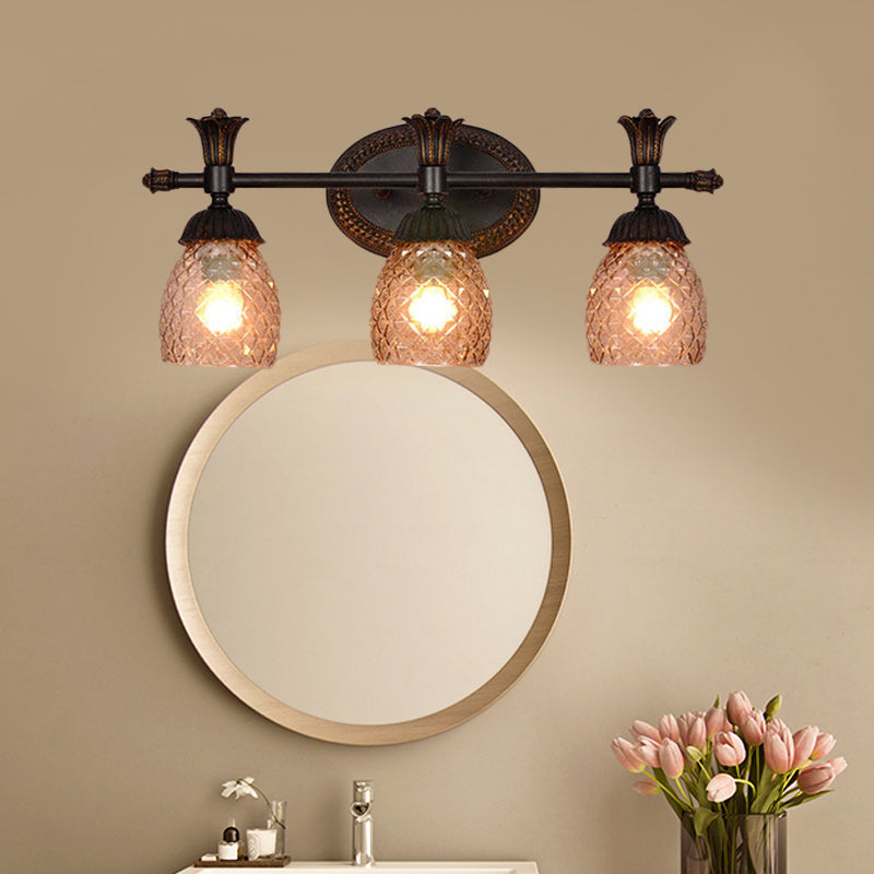 Clear Prismatic Glass Dome Vanity Light Traditional 2/3-Light Bathroom Metal Wall Mount Lighting in Black 3.0 Black Clearhalo 'Vanity Lights' 'Wall Lights' Lighting' 1475689