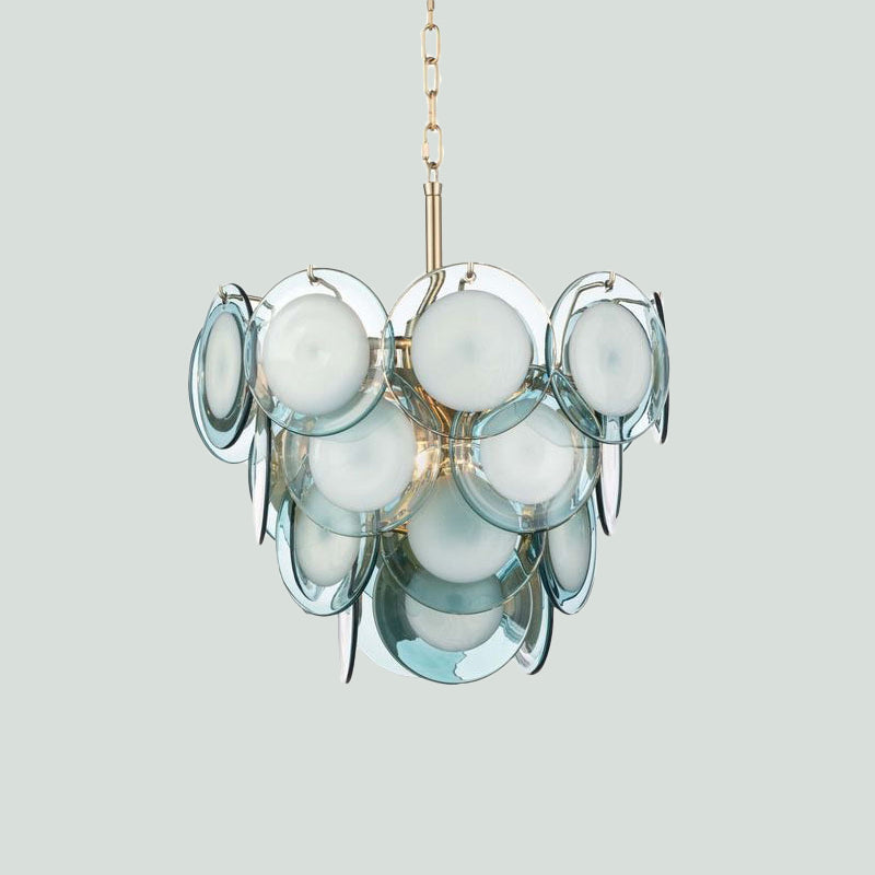 Mid Century 3 Tiers Flaked Chandelier Blue Glass 8 Lights Living Room Pendant Ceiling Light Clearhalo 'Ceiling Lights' 'Chandeliers' 'Close To Ceiling Lights' 'Glass shade' 'Glass' 'Modern Chandeliers' 'Modern' Lighting' 1476141