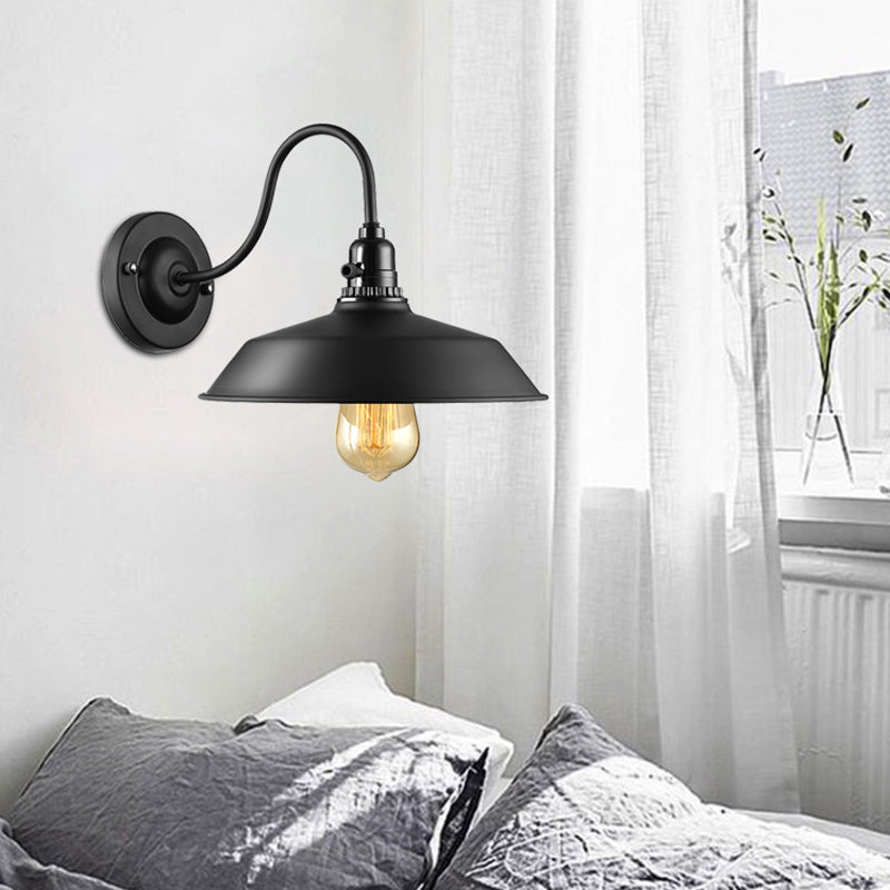 Metallic Barn Shade Wall Lamp with Gooseneck Arm Industrial 1 Bulb Bedroom Wall Lighting in Black Clearhalo 'Art deco wall lights' 'Cast Iron' 'Glass' 'Industrial wall lights' 'Industrial' 'Middle century wall lights' 'Modern' 'Rustic wall lights' 'Tiffany' 'Traditional wall lights' 'Wall Lamps & Sconces' 'Wall Lights' Lighting' 148705
