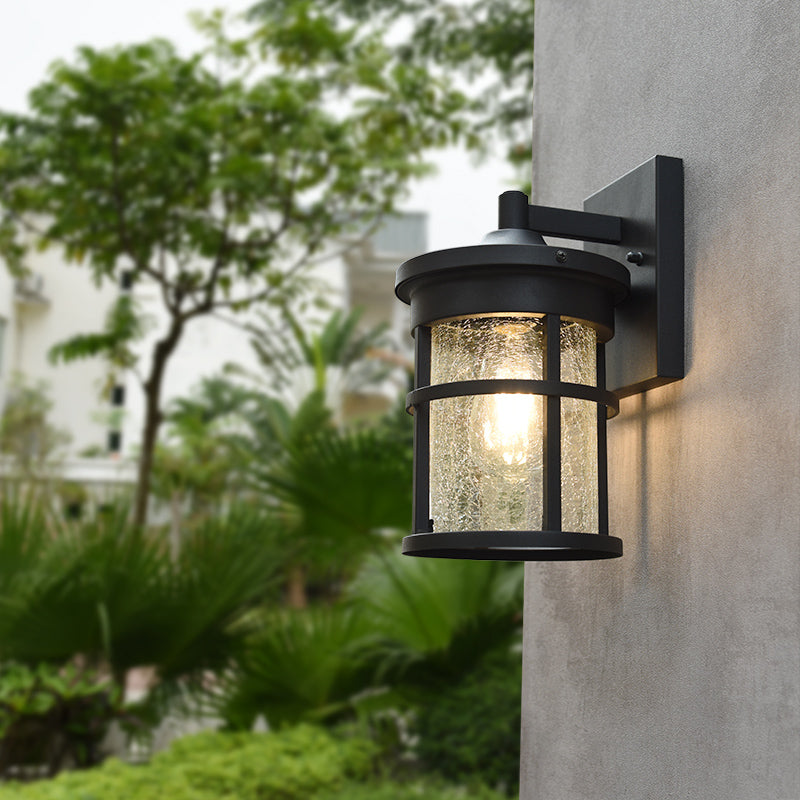 Cylinder Outdoor Wall Light Fixture Vintage Crackle Glass 1 Light Black Sconce Lamp, 6"/8" Wide Clearhalo 'Art deco wall lights' 'Cast Iron' 'Glass' 'Industrial wall lights' 'Industrial' 'Middle century wall lights' 'Modern' 'Rustic wall lights' 'Tiffany' 'Traditional wall lights' 'Wall Lamps & Sconces' 'Wall Lights' Lighting' 149995
