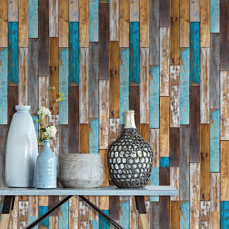 Distressed Wood Board Wallpaper Rustic Smooth Wall Art in Blue-Brown