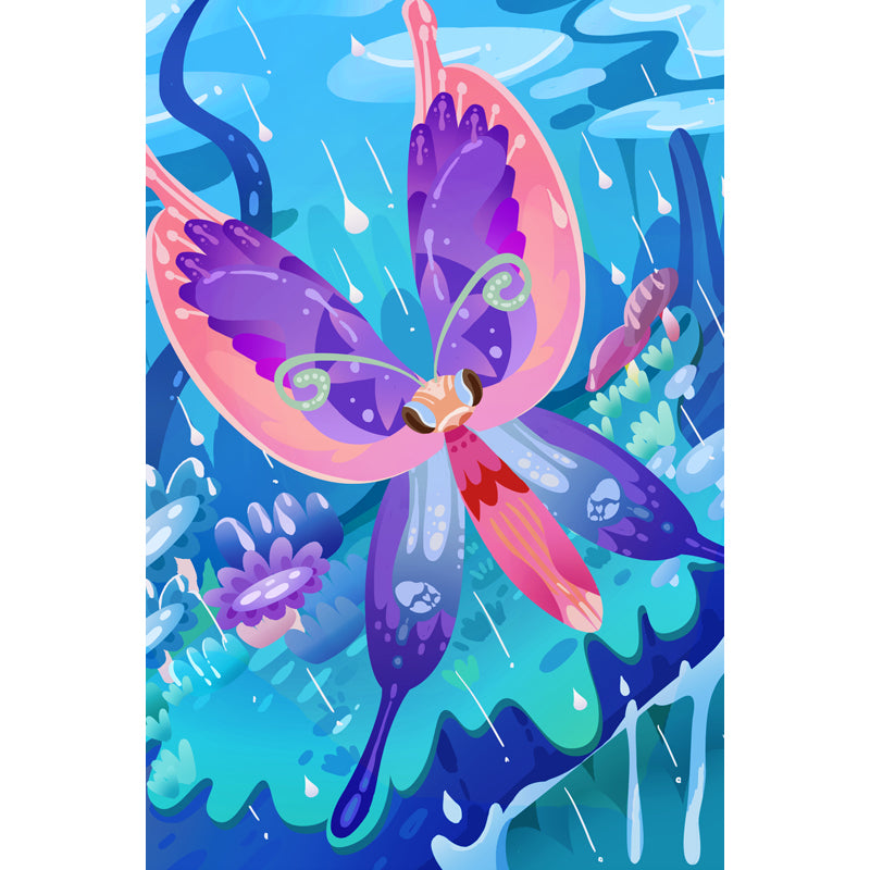 Blue Raining Meadow Wall Mural Butterfly Kids Waterproofing Wall Decor for Bedroom Clearhalo 'Wall Decor' 'Wall Mural' 1501334