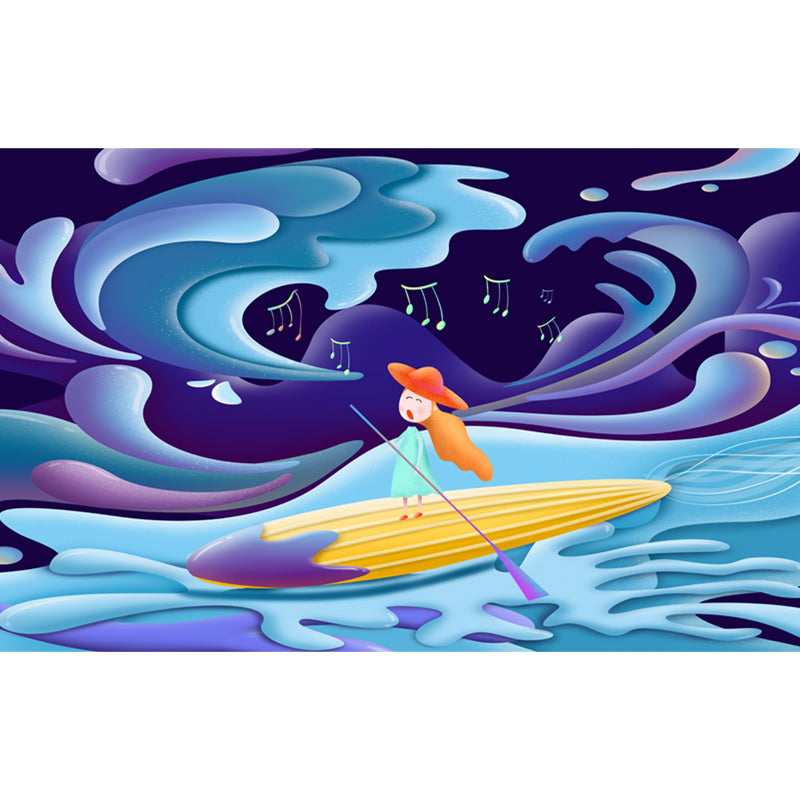 Custom Illustration Childrens Art Mural with Singing Girl Paddling Boat Pattern in Blue Clearhalo 'Wall Decor' 'Wall Mural' 1501364