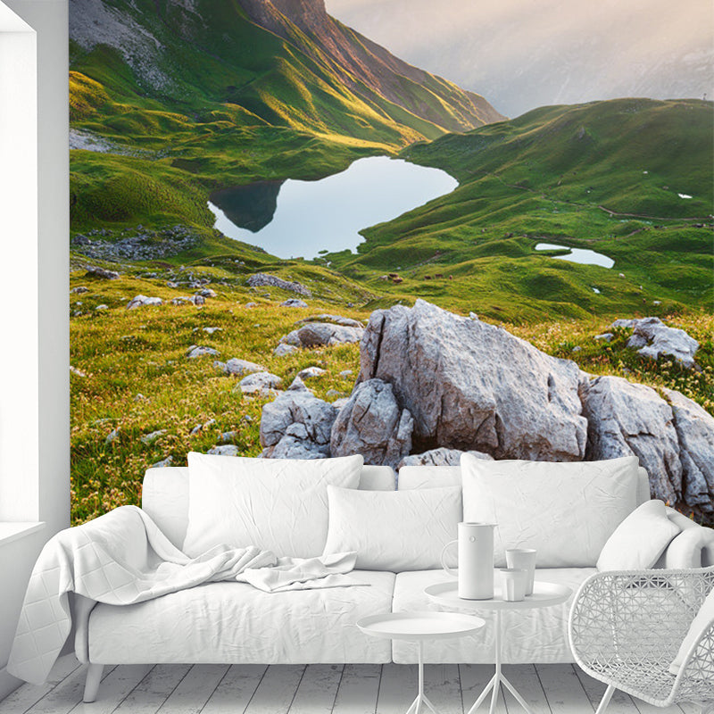Mountain Puddle Scenery Wall Mural Modern Smooth Wall Covering in Green for Living Room Clearhalo 'Wall Decor' 'Wall Mural' 1501905