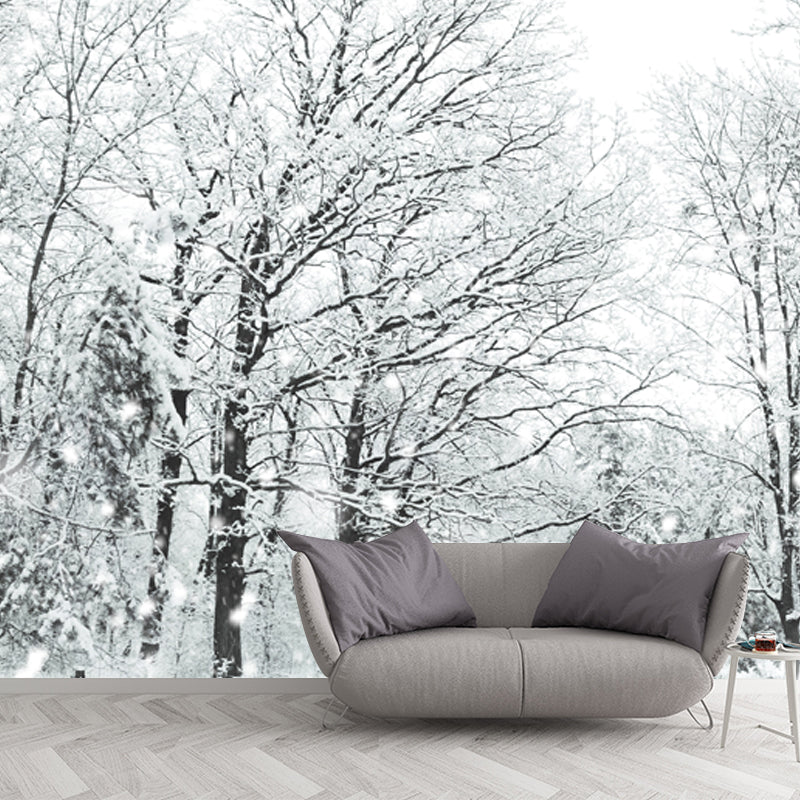 Custom Photo-Print Modern Mural with Bare Trees and Snow Landscape Pattern in White Clearhalo 'Wall Decor' 'Wall Mural' 1502060