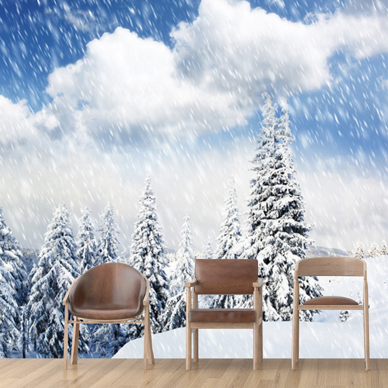 Large Snowing at Cypress Mural Stain-Resistant Modern Living Room Wall Covering, Blue Clearhalo 'Wall Decor' 'Wall Mural' 1502085