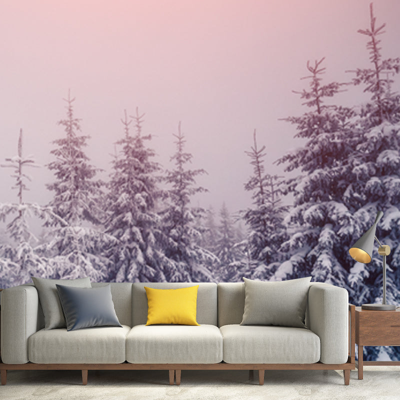 Pink Sky Snow Cypress Mural Wallpaper Washable Contemporary Bedroom Wall Art, Non-Woven Clearhalo 'Wall Decor' 'Wall Mural' 1502196